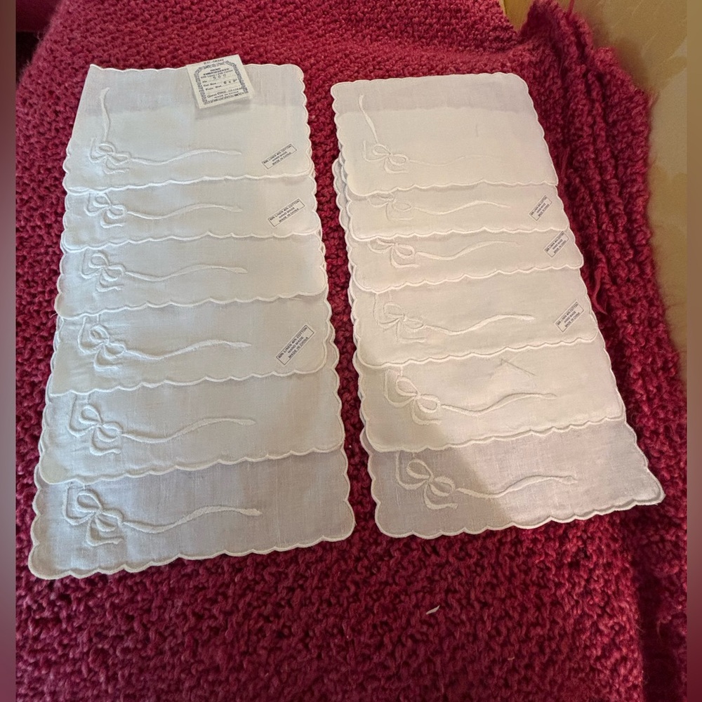 Set of 12 Scalloped Embroidered White Linen Cocktail Napkins